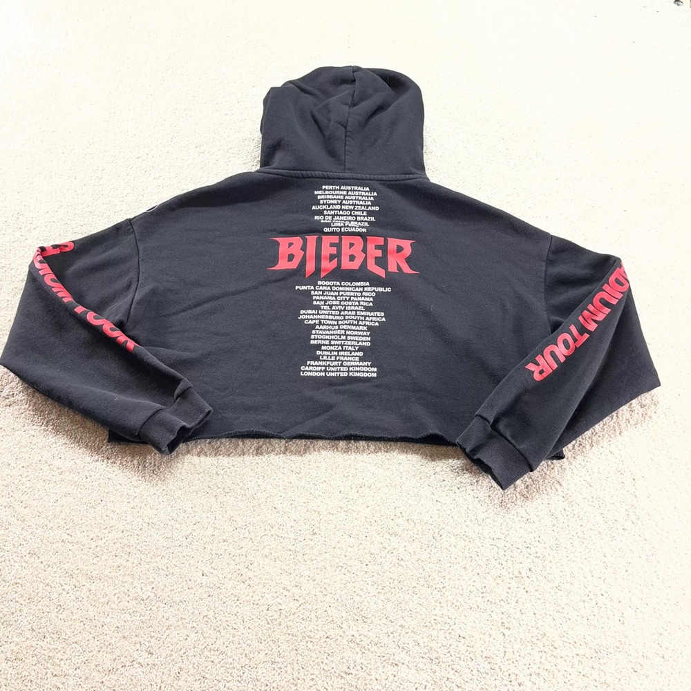 H&M Justin Bieber Hoodie Womens Medium Black Purpose Tour Stadium Cropped - Picture 12 of 13